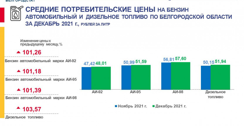 Средние потребительские цены на бензин автомобильный и дизельное топливо по Белгородской области в декабре 2021 года