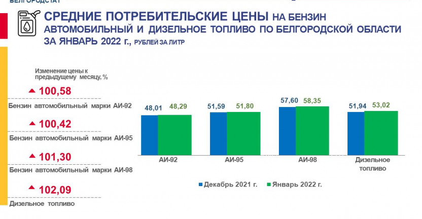 Средние потребительские цены на бензин автомобильный и дизельное топливо по Белгородской области в январе 2022 года