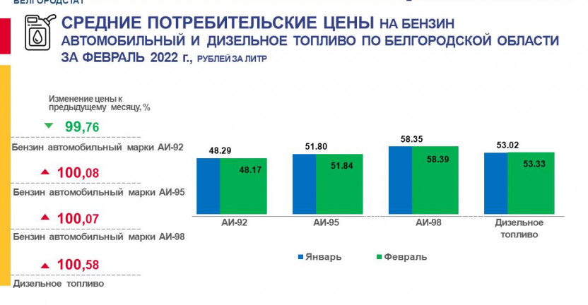 Средние потребительские цены на бензин автомобильный и дизельное топливо по Белгородской области в феврале 2022 года